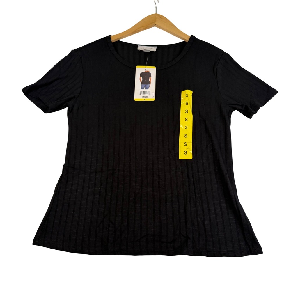 Vintage America Blues Womens Ribbed Short Sleeve Crew Neck Top Black S NEW